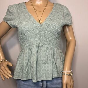 American Eagle Outfitters Y2K Light Green Smocked Babydoll Flowy Blouse